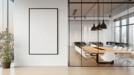 3D rendering of modern office interior with white wall poster mockup, glass meeting room, and clean minimalist workspace
