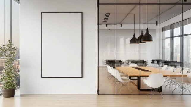 3D rendering of modern office interior with white wall poster mockup, glass meeting room, and clean minimalist workspace
