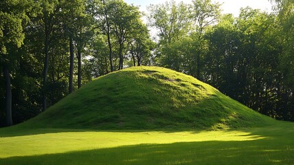 Big green hill with trees and grass in the park at sunset.