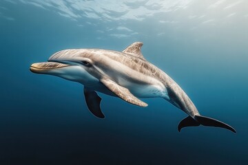 Fototapeta premium Dolphin swimming underwater, ocean background, marine wildlife, nature documentary