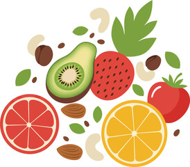 Colorful fresh fruits and nuts vector illustration with avocado, kiwi, strawberry, tomato, citrus slices, and leaves in natural style 