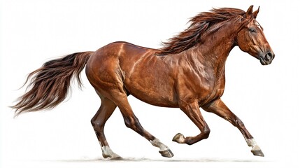 Obraz premium Elegant Running Brown Horse Isolated on White Background for Creative Projects