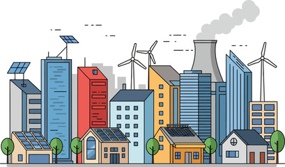 Obraz premium Urban cityscape with renewable energy sources featuring solar panels and wind turbines alongside industrial buildings and smokestacks in clean energy concept 