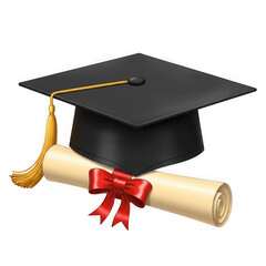 Graduation cap and diploma with red ribbon isolated on transparent background