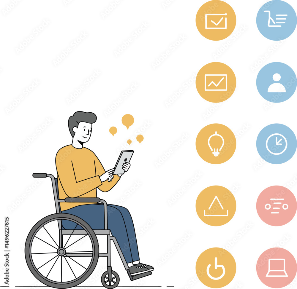 Aufkleber man in wheelchair using tablet with colorful infographic icons representing business and technology 