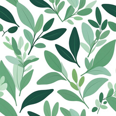 Leafy botanical flat vector pattern of [Sage], vibrant green tones, clean minimal design, white background, soft shadows, vector style