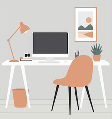 Home office workspace with computer desk chair lamp and plant in modern minimalist style vector illustration 
