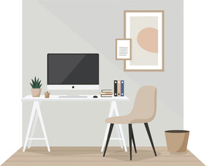 Modern minimalist home office workspace with computer desk chair and decorative plants in neutral tones vector illustration
