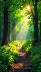 Sun-dappled forest path in summer, lush green foliage, dappled sunlight filtering through leaves, vibrant green undergrowth, tranquil summer scene , summer, peaceful