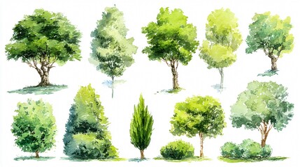 Obraz premium Hand-drawn Watercolor Green Tree Collection for Creative Designs