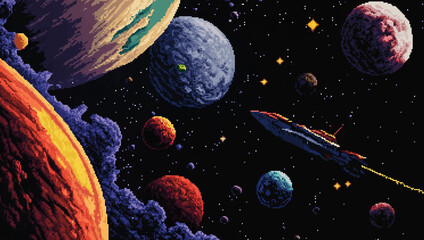 8-bit pixel art of a spaceship flying through a glowing planetary field in deep space. Perfect for sci-fi or retro arcade games
