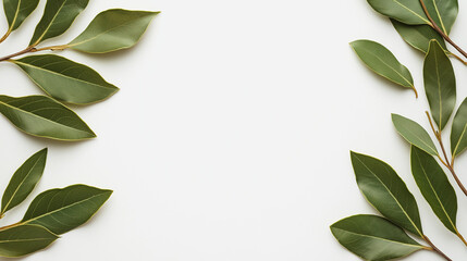 Naklejka premium Dried bay leaves scattered on a clean frame of white background. 