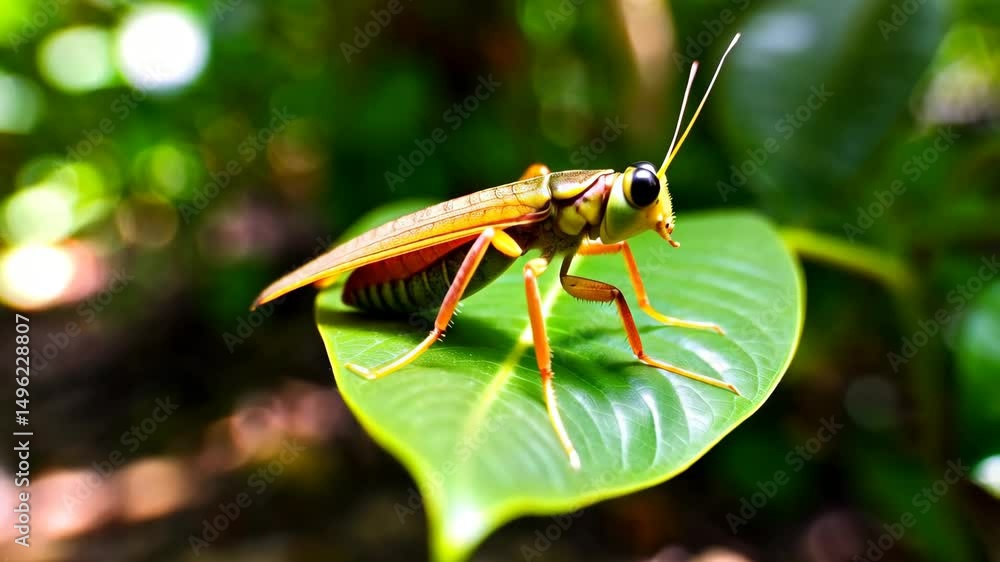 Poster elegant insect resting on a leaf in a natural setting with muted tones and blurred background.