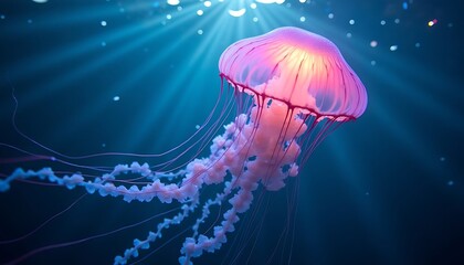 Fototapeta premium Glowing Jellyfish Swimming in Deep Blue Sea with Light Rays