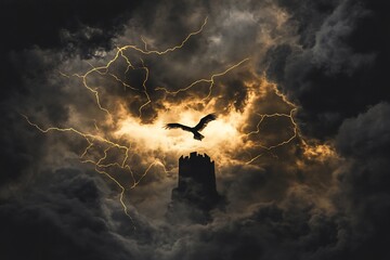 Fototapeta premium Dark tower surrounded rifts in space showing glimpses of the multiverse mythic fantasy energy