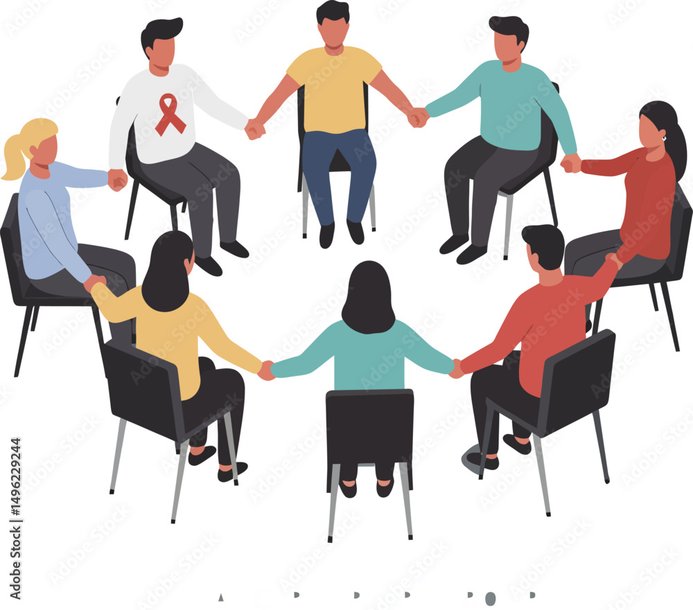 Poster group of people holding hands in support circle promoting unity and awareness with red ribbon vector