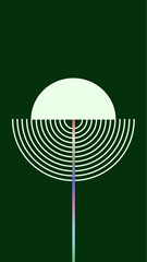 Minimalist geometric artwork with a semicircle, concentric arcs, and a vertical gradient line. The deep green background enhances contrast, creating a modern and balanced composition.