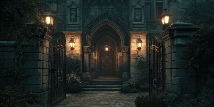 Entrada Sombria de Mans&atilde;o G&oacute;tica &agrave; Noite