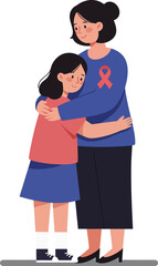 Fototapeta premium Mother and daughter hugging with pink ribbon breast cancer awareness symbol on blue shirt vector illustration 