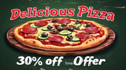 Detailed illustration of a delicious pizza with a 30% off offer.