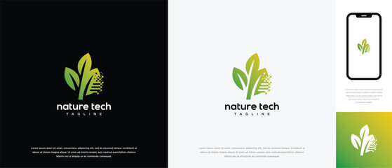 Green leaf pixel technology logo design template. Nature leaf digital technology logo design vector icon