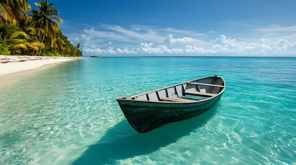Tranquil tropical scene with a small boat on the shallow water.