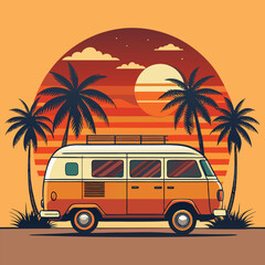 Retro Camper Van at Sunset Tropical Vacation Illustration