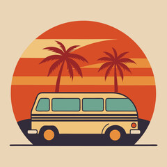 Retro Van Sunset Beach Vacation Summer Travel Illustration