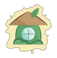 A cozy green forest house with a leaf on the roof, symbolizing eco-friendliness, surrounded by bushes and framed like a sticker.
