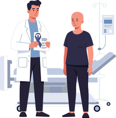 Doctor discussing chemotherapy treatment with cancer patient in hospital room vector illustration 