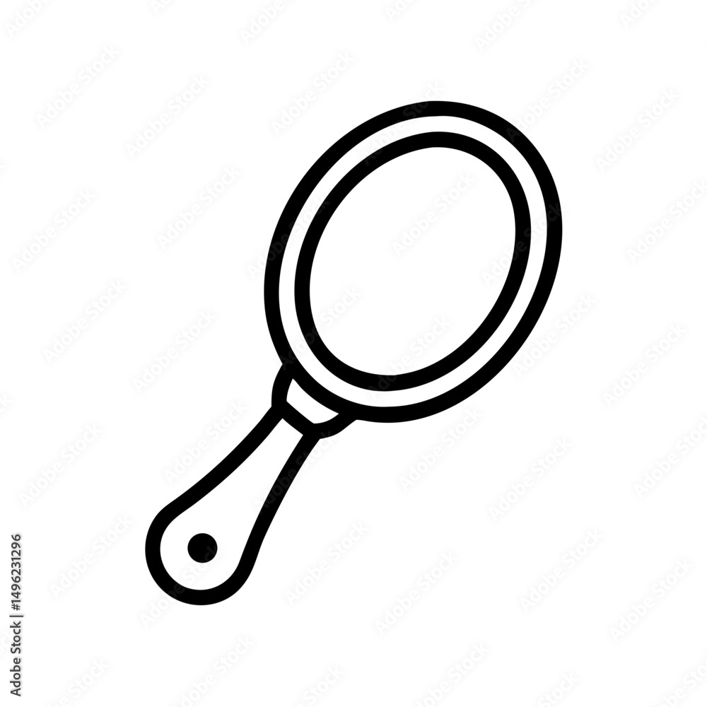 Poster outline drawing of an oval shaped handheld looking glass with a handle and a small circle at the end