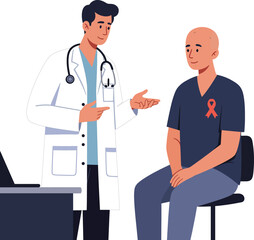 Male doctor consulting cancer patient with awareness ribbon in medical office vector illustration 
