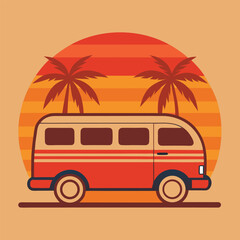 Retro Van Sunset Illustration Tropical Vacation Vibes