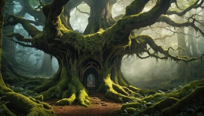 Naklejka premium Enchanting Forest with Giant Tree and Mysterious Tunnel in the Heart of Nature
