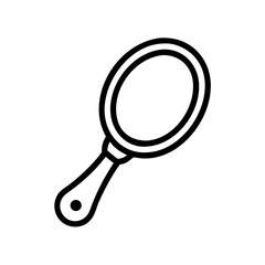 Outline drawing of an oval shaped handheld looking glass with a handle and a small circle at the end