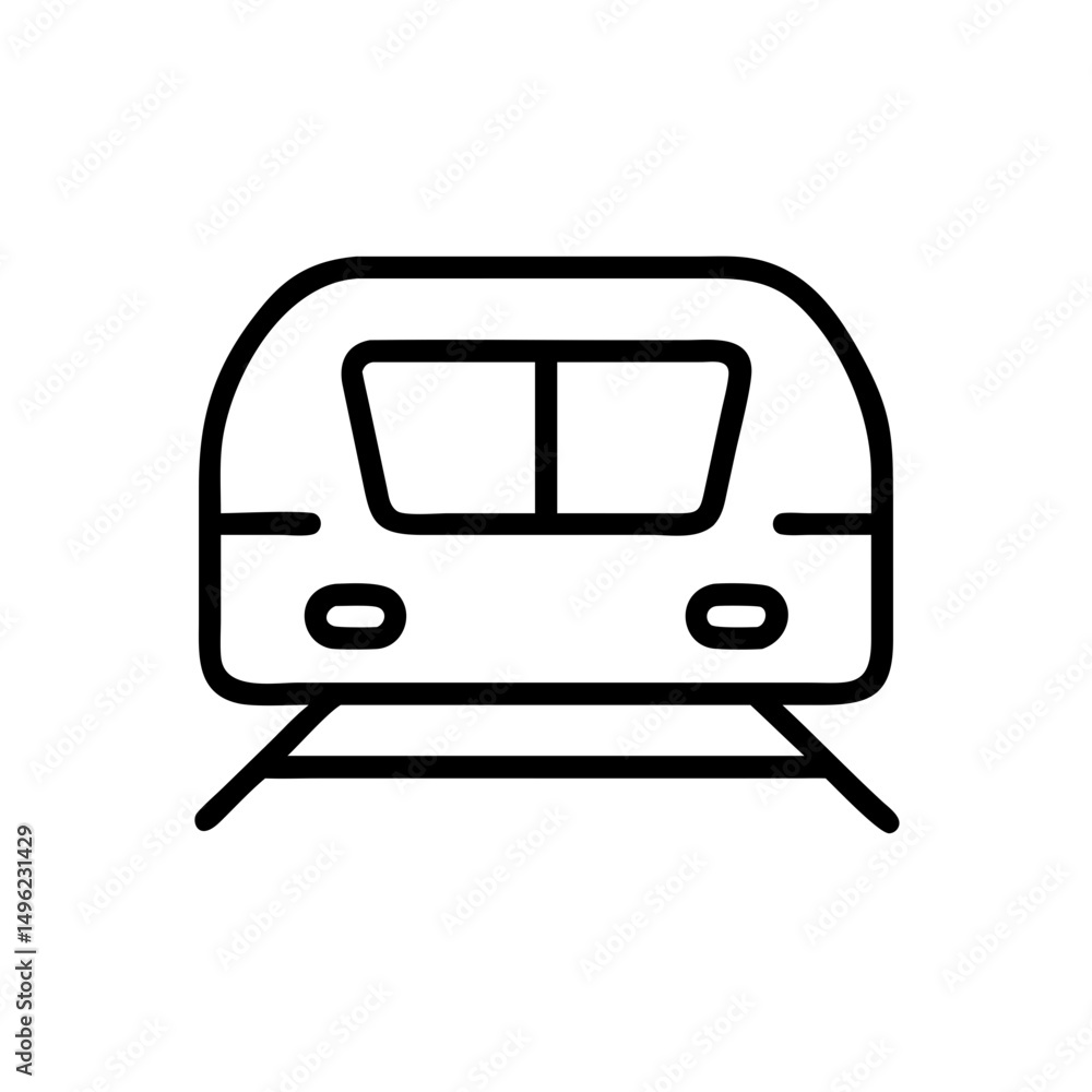 Poster front view of a modern train with two windows and a simple track design in black outline style image