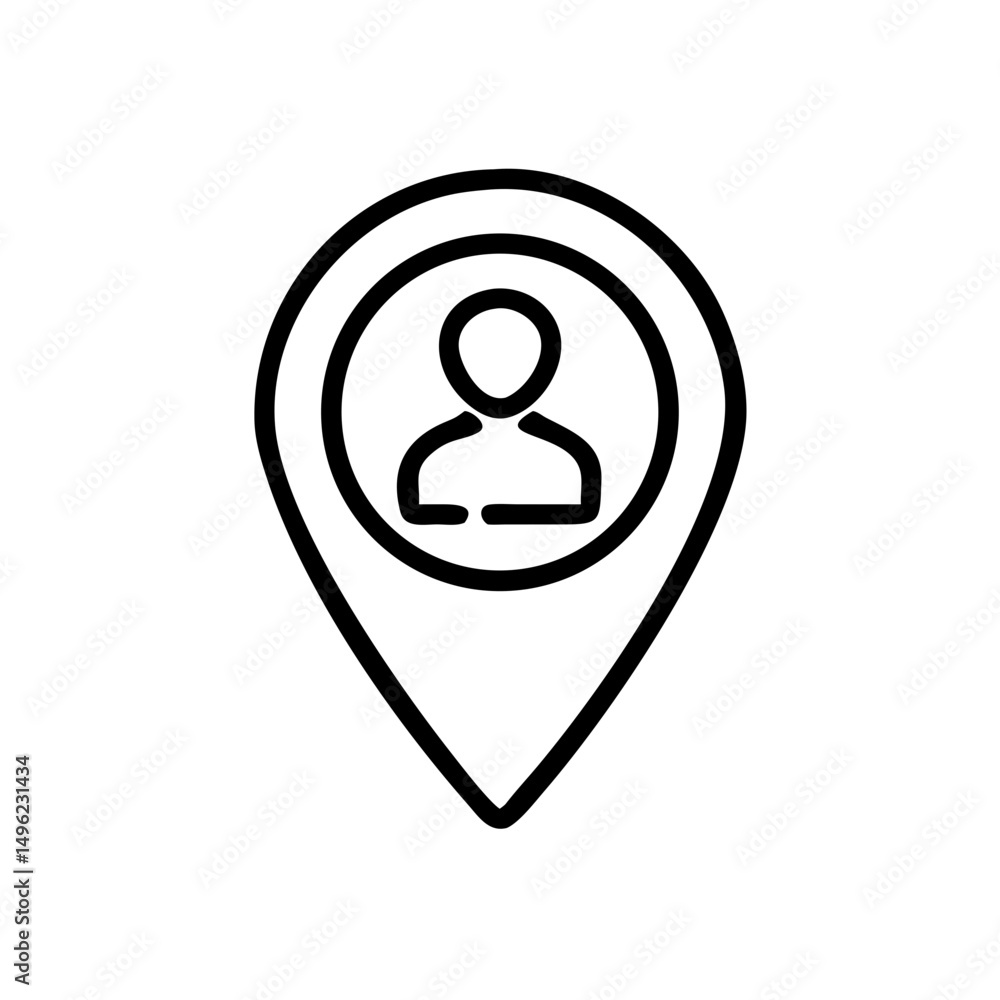 Poster person icon inside a location pin marker denoting user location on a map interface element