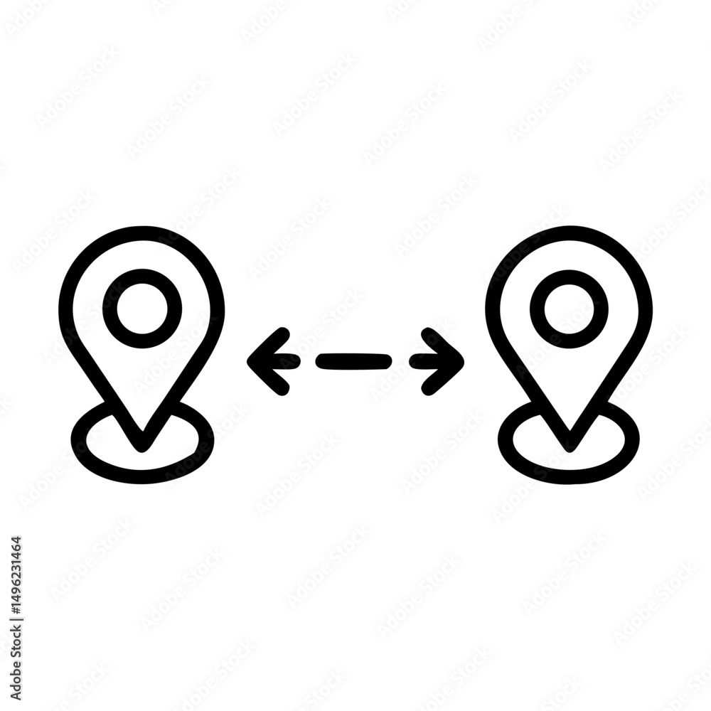 Poster Two location pin icons facing each other with a horizontal arrow in between them showing distance