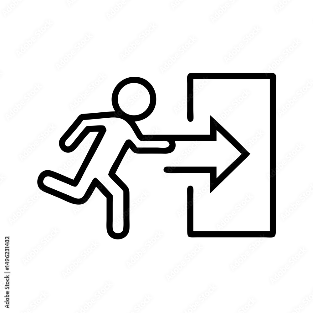 Poster person running towards an exit door with an arrow pointing the way out in a simple line drawing styl