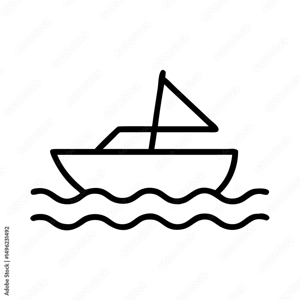 Poster a simple graphic showing a sailboat on wavy water with a single triangular sail design, outline styl