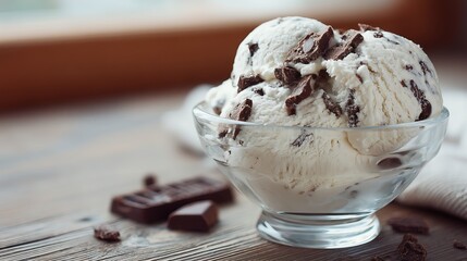 Close up shot of delicate vanilla homemade chocolate chip ice cream served in glass bowl placed on wooden table, smooth texture and rich detail, natural daylight and kitchen background