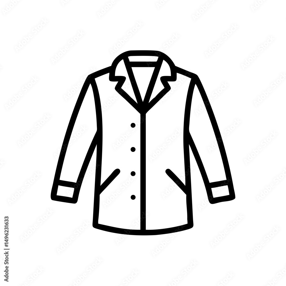 Poster outline drawing of a long sleeved collared coat with pockets and button closure isolated on white sp