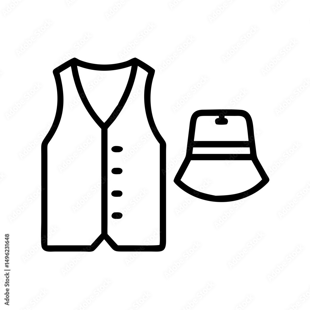 Poster a waistcoat with buttons and a bucket hat are displayed in a simple graphic representation style