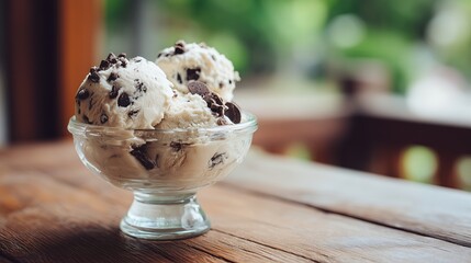 Close up shot of delicate vanilla homemade chocolate chip ice cream served in glass bowl placed on wooden table, smooth texture and rich detail, natural daylight and kitchen background