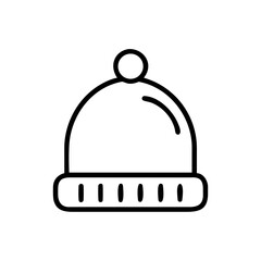 A simple outline drawing of a winter hat with a pom pom on top and ribbed brim design element here