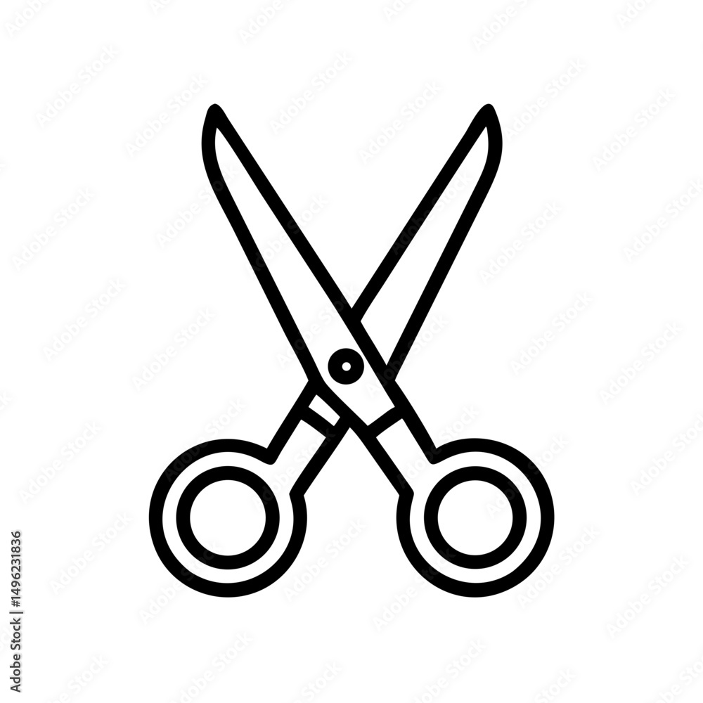 Poster outline drawing of open cutting tool with two blades and circular handles on a white background imag