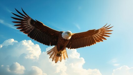 Obraz premium A bald eagle soars through the sky with its wings fully extended, illuminated by sunlight. The rich brown feathers contrast with the eagle’s sharp white head and piercing yellow eyes, exuding majesty