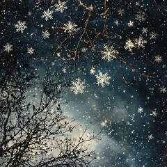 Winter night scene with snowflakes falling from branches.