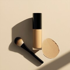 Cosmetic branding, mua and girly concept - Eyeshadow palette and make-up brush on beige background,