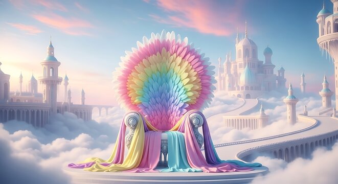 A majestic rainbow throne sits atop a cloud in a surreal landscape. The throne is adorned with intricate details and a majestic, ethereal aura.